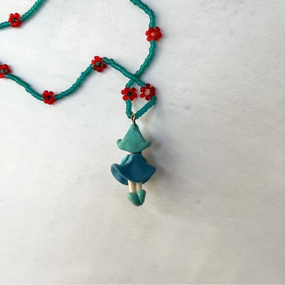 [vintage] handmade beaded flower girl pendant teal - Picture 6 of 7